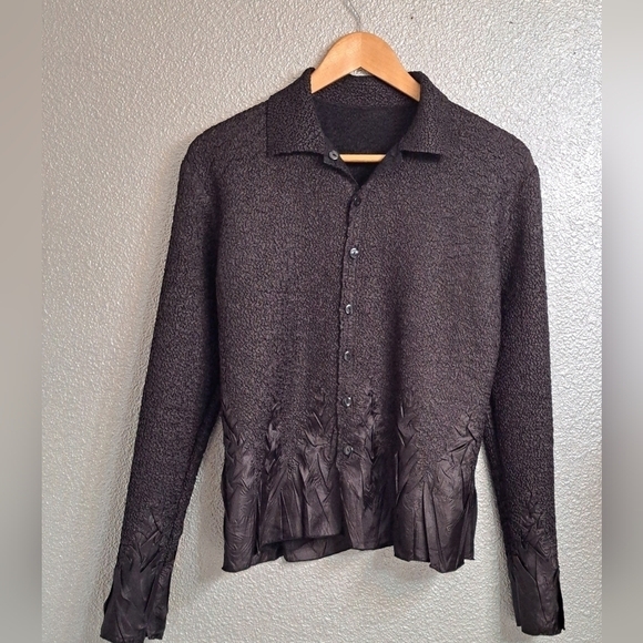 Black Crepe Mixed Media Button Up Blouse - Picture 6 of 7